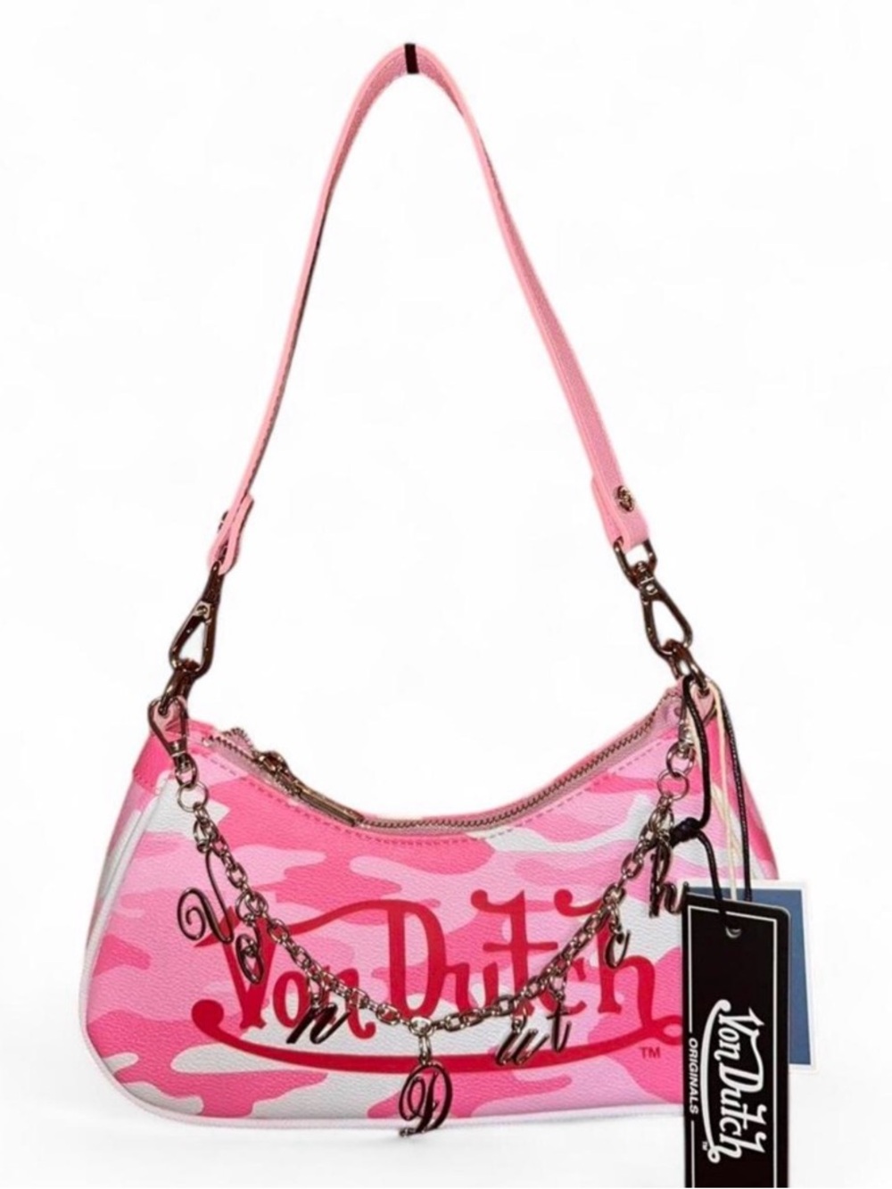 Von Dutch Pink Camouflage Shoulder Bag with Chain Charms